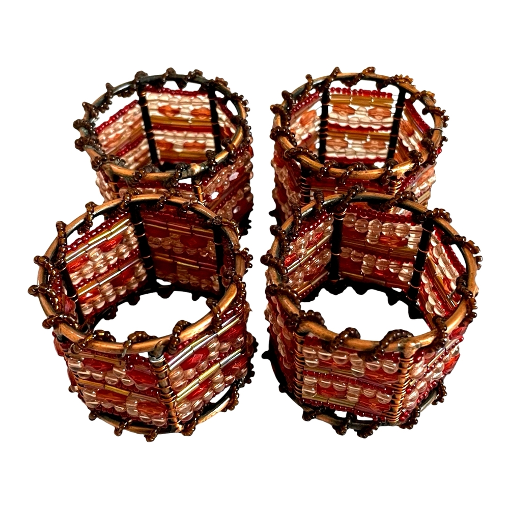 Pier 1 Moroccan Beaded Napkin Rings Copper Red Gold Boho Set of 4 EXC